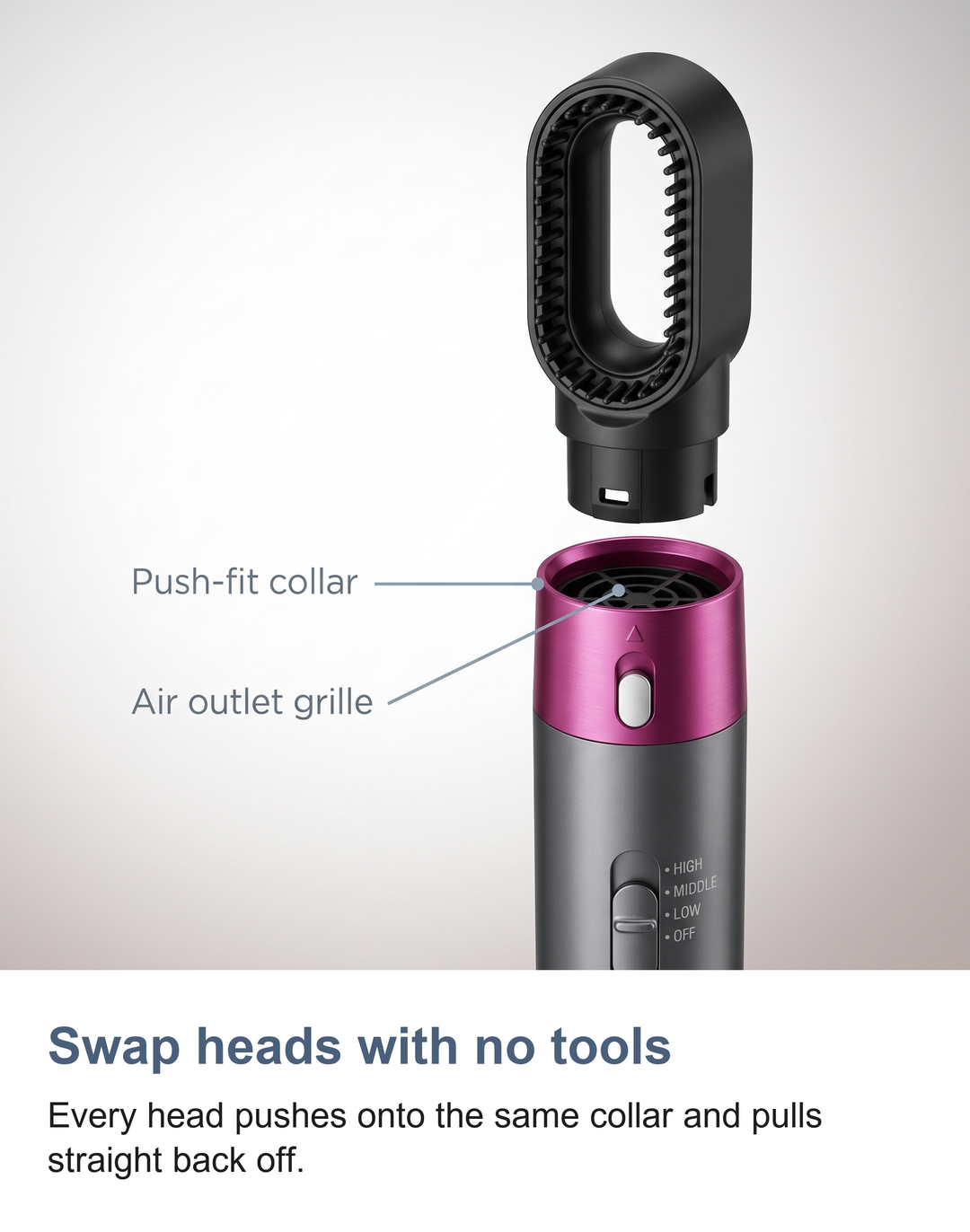 Macro of the push-fit collar and air outlet grille where every head clips onto the hair dryer and styler