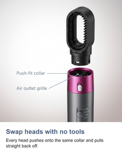 Macro of the push-fit collar and air outlet grille where every head clips onto the hair dryer and styler