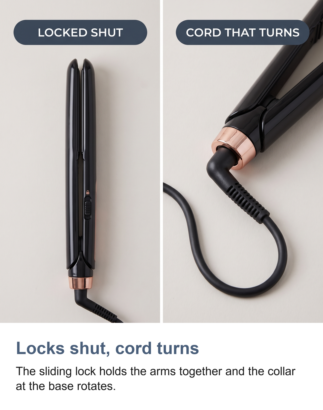 The hair straightener locked shut for travel and its rotating cord collar