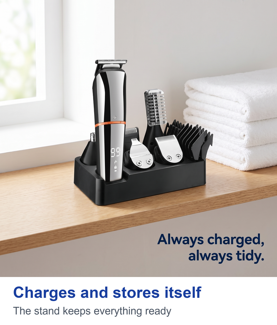 Charging stand with trimmer and spare heads on a bathroom shelf