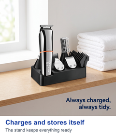 Charging stand with trimmer and spare heads on a bathroom shelf
