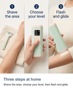 Three steps to use the IPL hair removal device at home: shave, choose a level, flash and glide