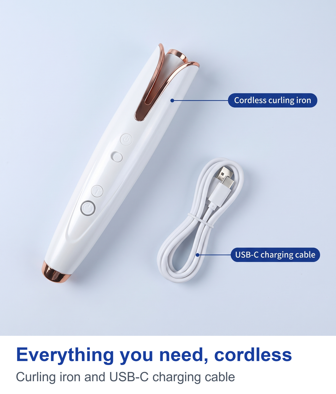 Cordless automatic curling iron and its USB-C charging cable, labelled