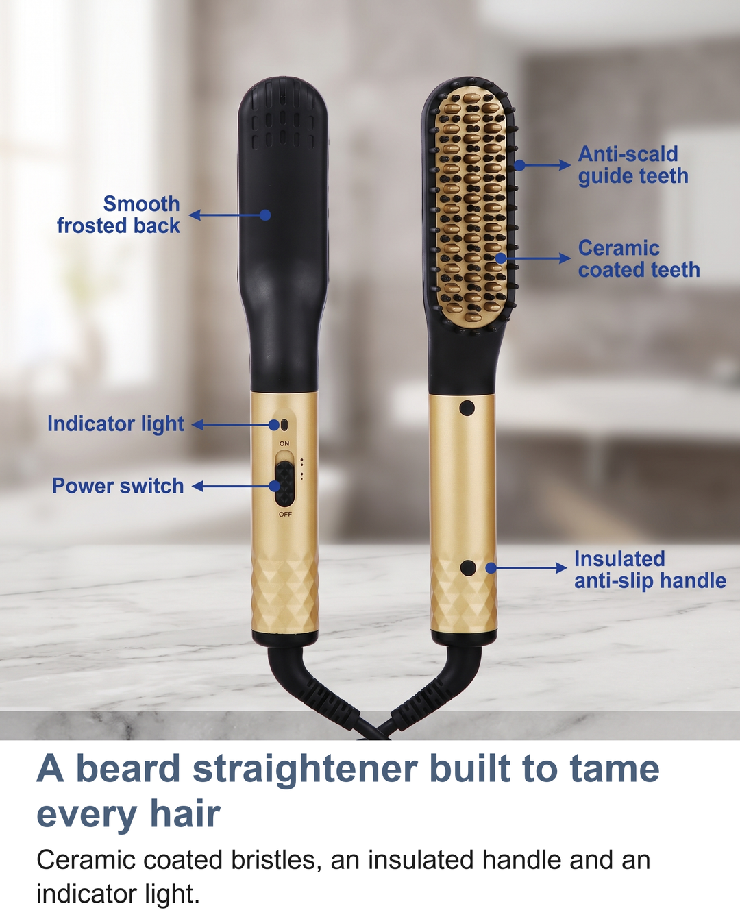 Labelled view of the heated beard straightening brush showing the ceramic bristles, insulated handle and indicator light