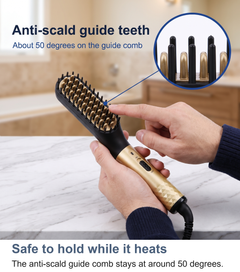 Close up of the anti-scald guide comb on the heated beard straightening brush