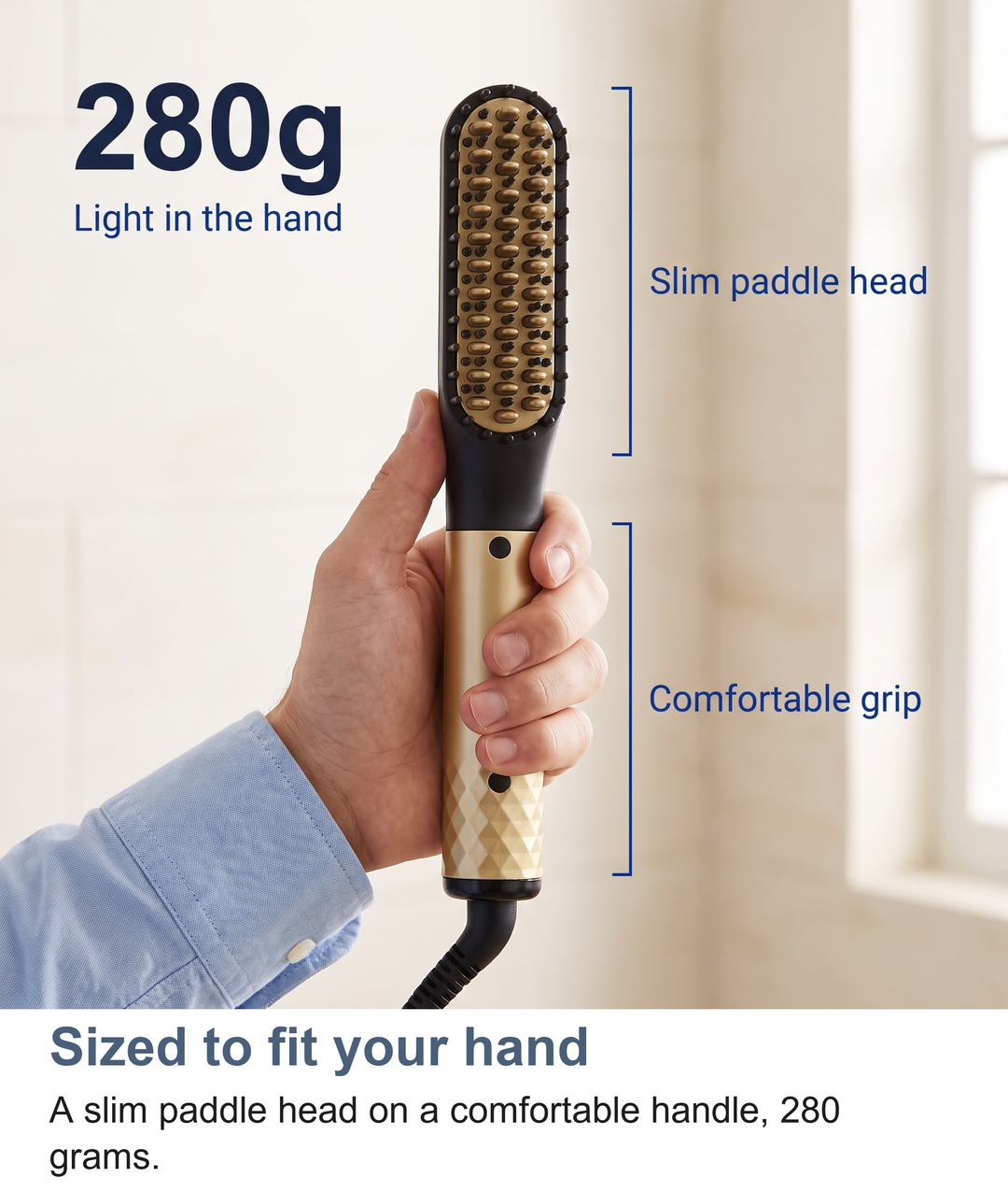 Heated beard straightening brush held upright in a hand showing its size