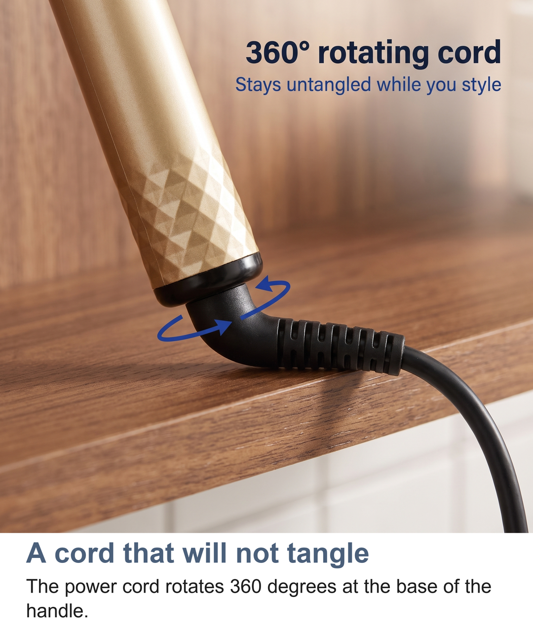 Macro of the rotating power cord at the base of the heated beard straightening brush