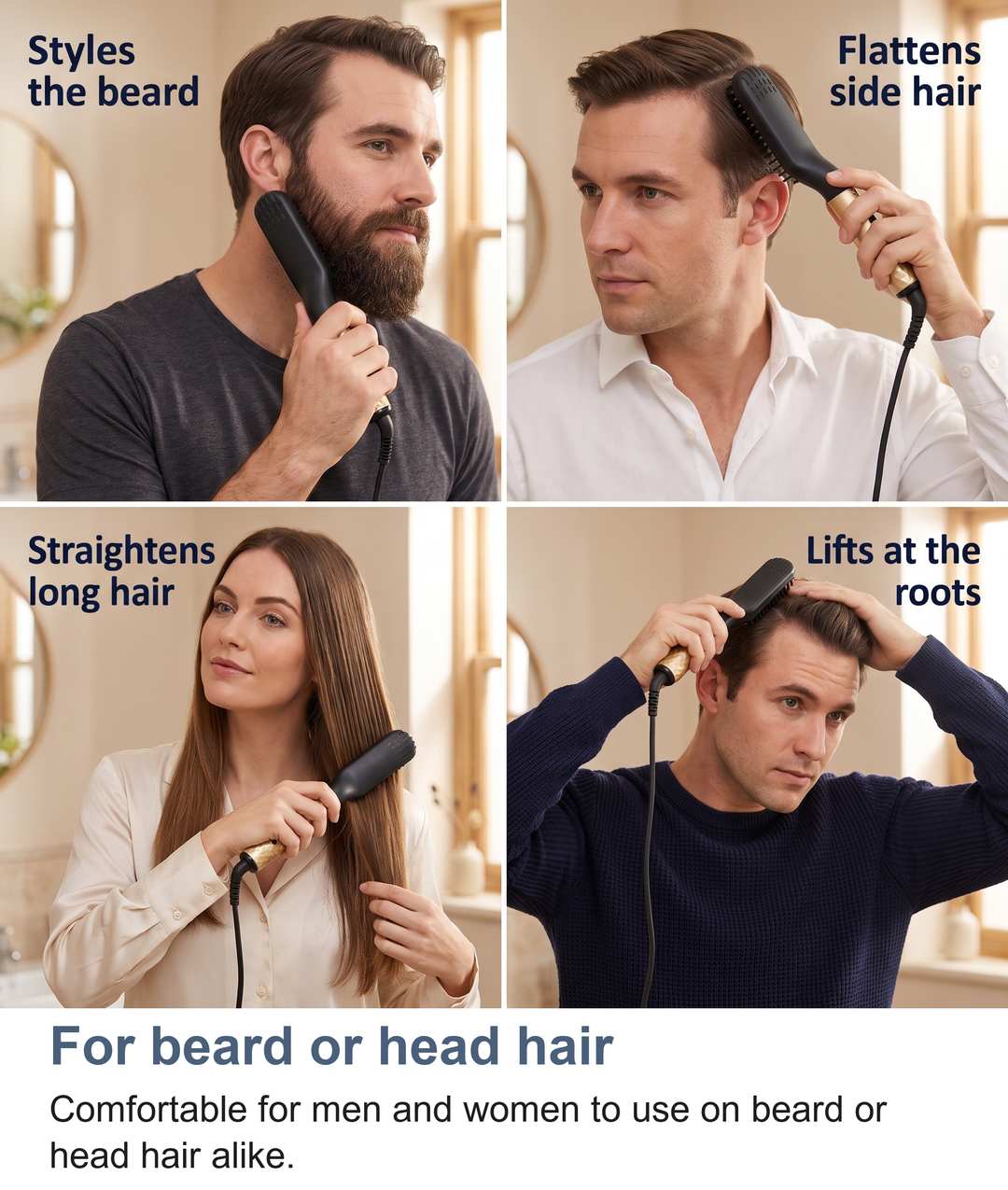 Four scenes showing the heated beard straightening brush used on beard or head hair