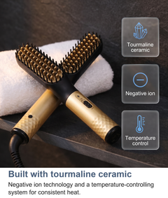 Still life of the heated beard straightening brush with tourmaline ceramic, negative ion and temperature control feature tiles