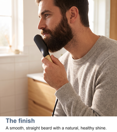 Finished smooth, straight beard styled with the heated beard straightening brush