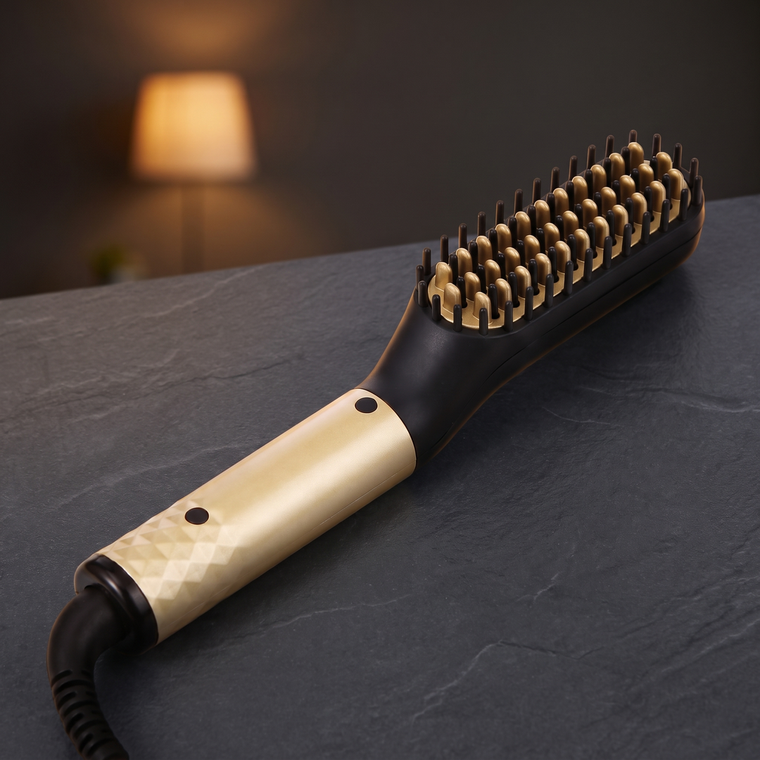 Gold heated beard and hair straightening brush