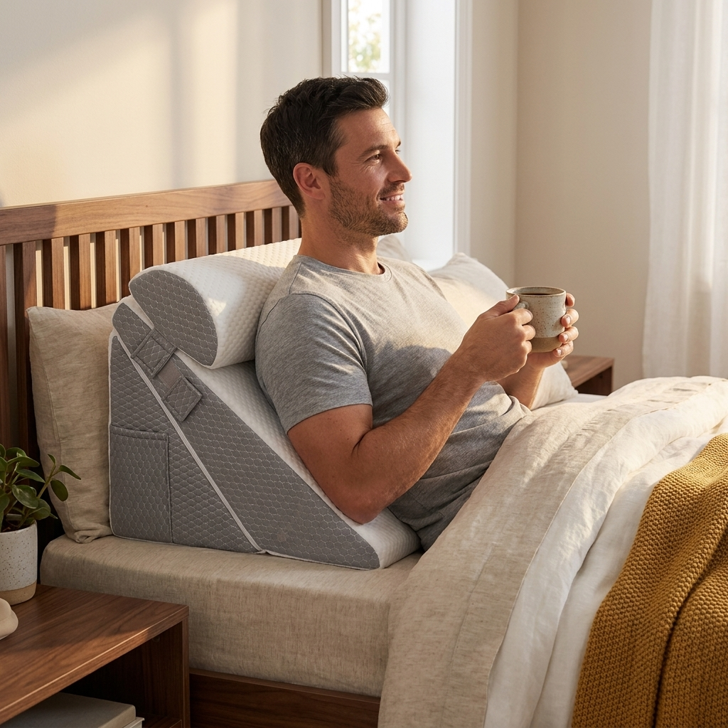 The bed wedge pillow looking at home on the bed while someone sits up with a morning coffee