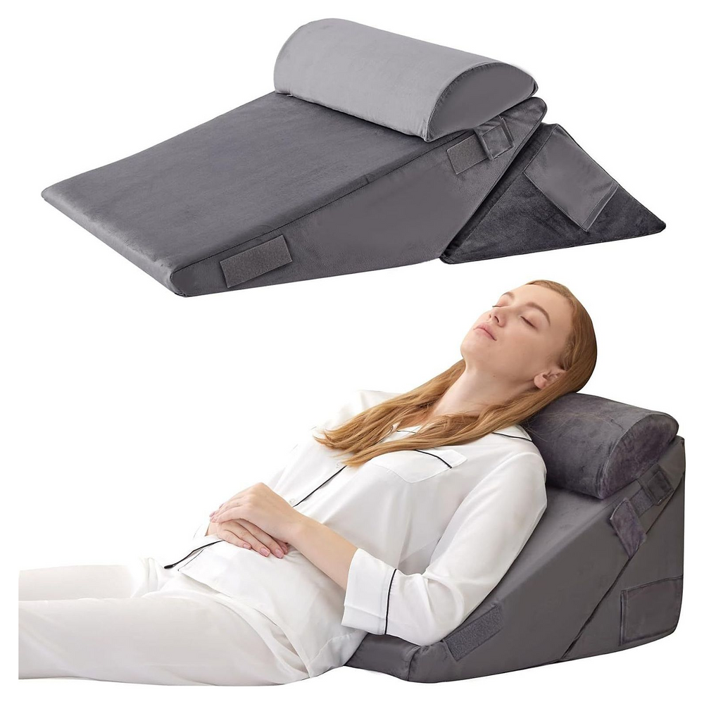 Bed wedge pillow in grey with the detachable headrest