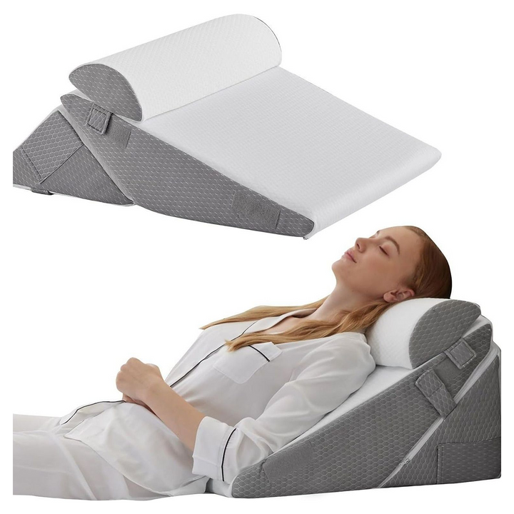 Bed wedge pillow in white grey with the detachable headrest
