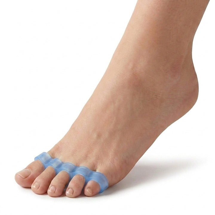 Toe Separators - Soft Silicone Five Ring Toe Spreaders in blue worn