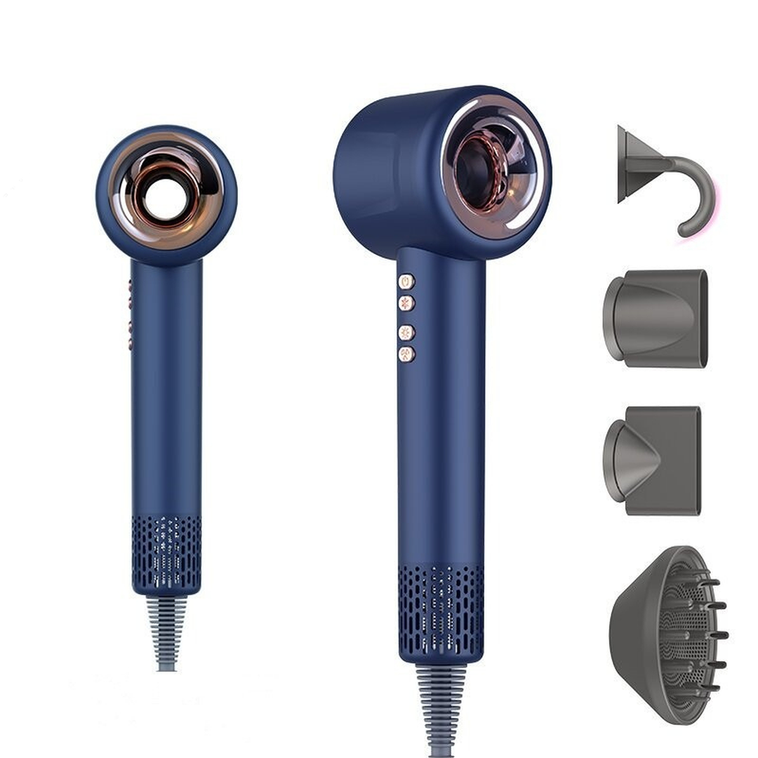 Bladeless hair dryer in blue, front and side view, with its four magnetic nozzles