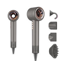 Bladeless hair dryer in grey, front and side view, with its four magnetic nozzles