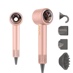 Bladeless hair dryer in pink, front and side view, with its four magnetic nozzles