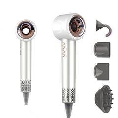 Bladeless hair dryer in white, front and side view, with its four magnetic nozzles