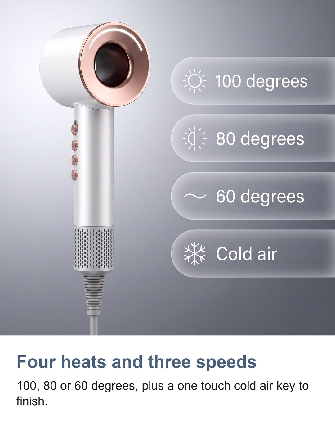 The four heat settings of the hair dryer: 100, 80 and 60 degrees plus cold air