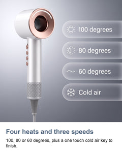 The four heat settings of the hair dryer: 100, 80 and 60 degrees plus cold air