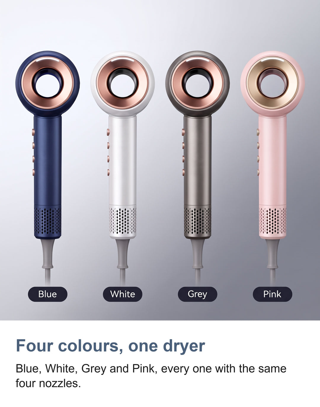 The hair dryer in blue, white, grey and pink side by side