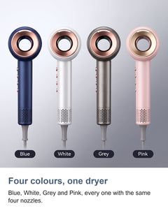 The hair dryer in blue, white, grey and pink side by side