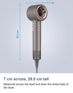 Measured view of the hair dryer, 7 cm across the head and 29.5 cm tall