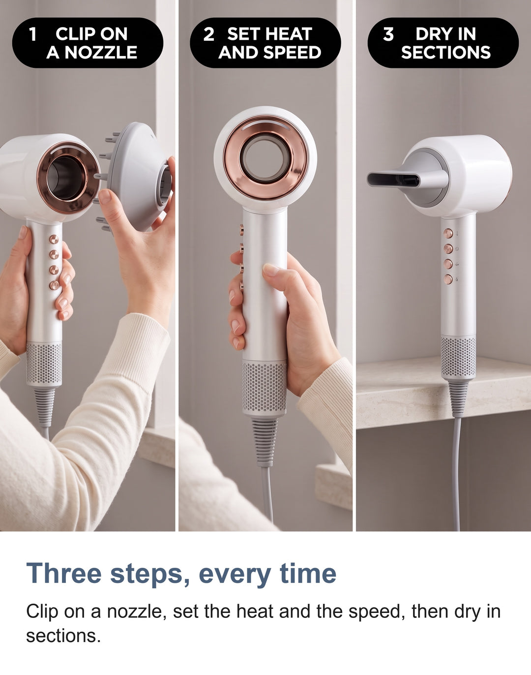 Three steps: clip on a nozzle, set the heat and speed, then dry in sections