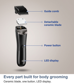 Labelled view of the body trimmer showing the ceramic blade, power button and LED display