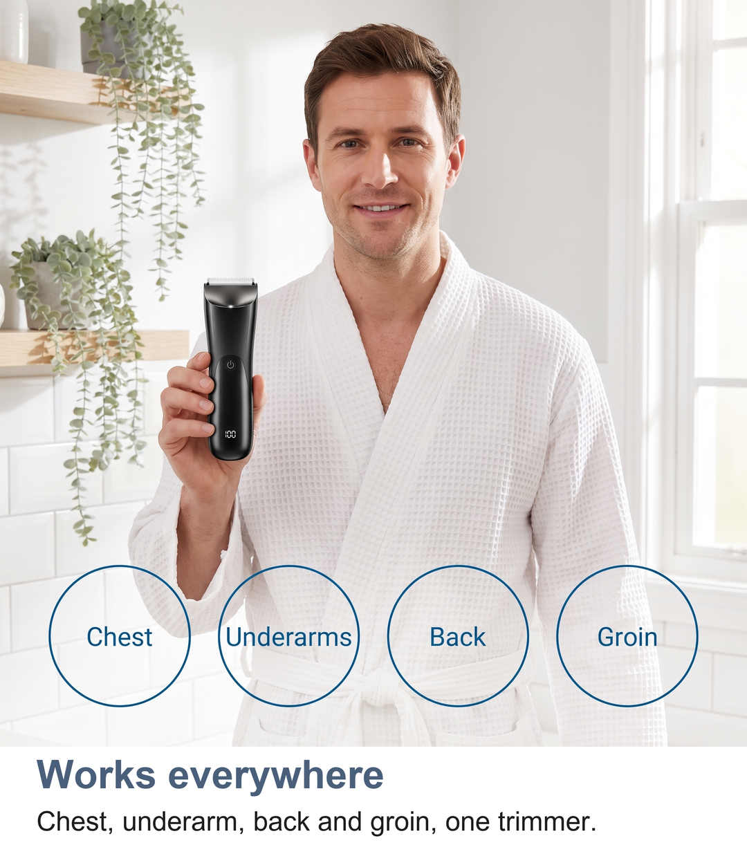 Body trimmer shown working on chest, underarm, back and groin areas