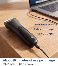 Body trimmer with its 90 minute use, 1.5 hour USB-C charge stat