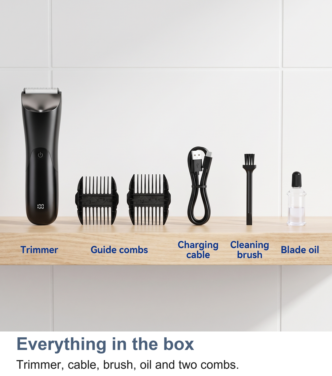Everything in the box: body trimmer, cable, cleaning brush, blade oil and two guide combs