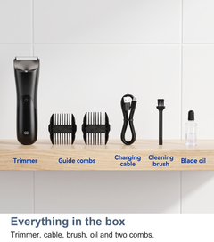 Everything in the box: body trimmer, cable, cleaning brush, blade oil and two guide combs