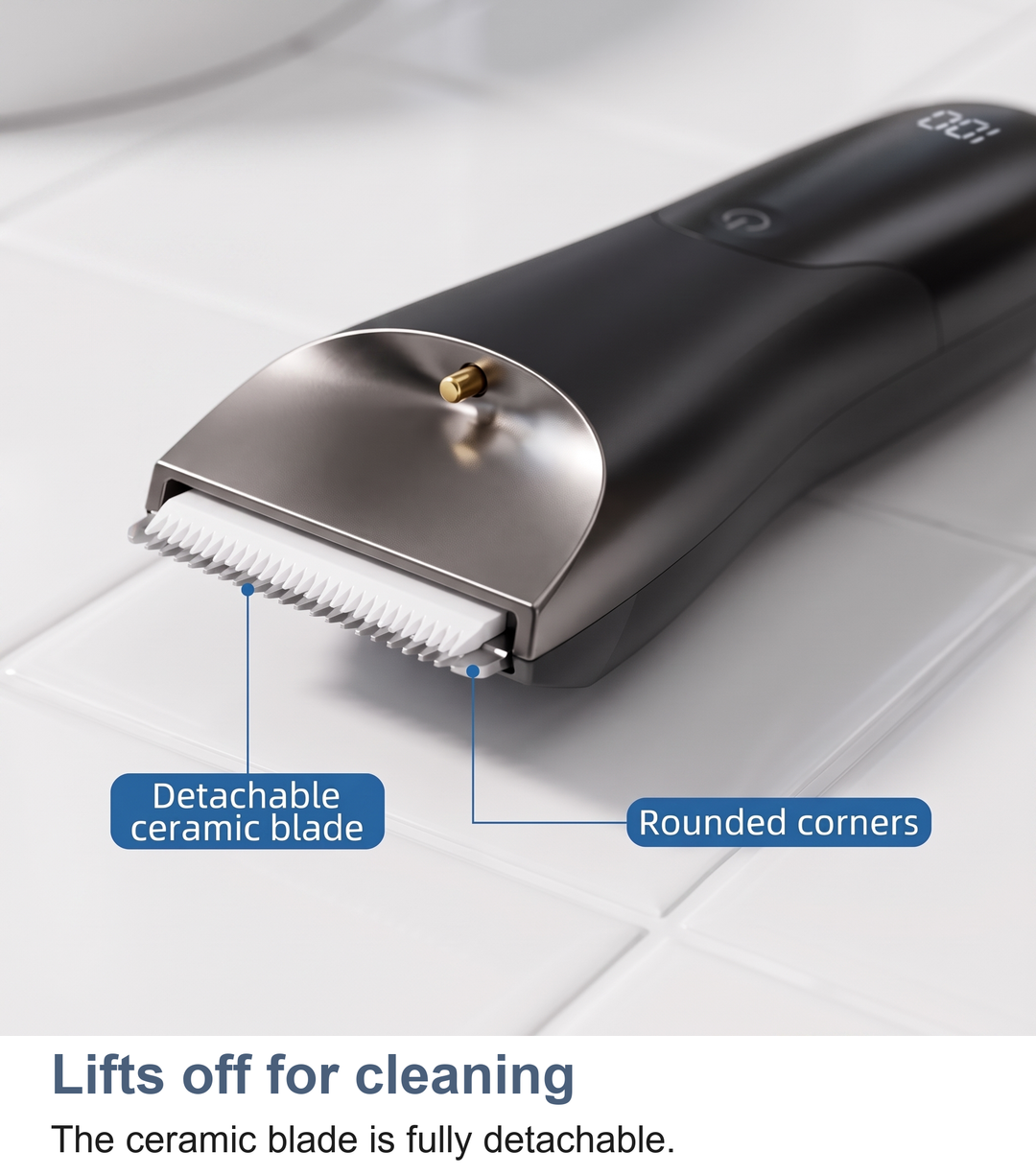 The detachable ceramic blade of the body trimmer lifted off for cleaning