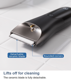 The detachable ceramic blade of the body trimmer lifted off for cleaning