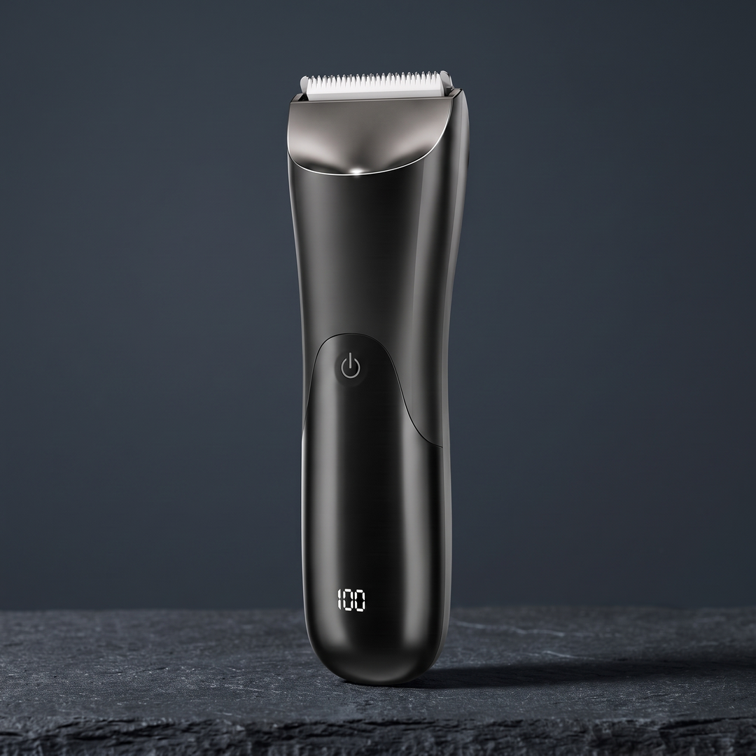 Black men's body hair trimmer standing upright