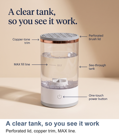 Labelled view of the makeup brush cleaner showing the perforated lid, copper trim and MAX line