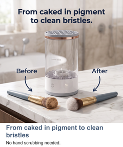 Before and after view of a makeup brush cleaned by the automatic brush cleaner