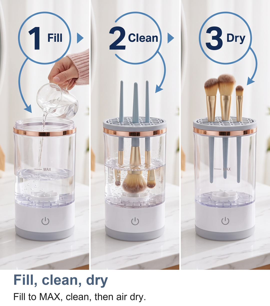 Three steps to use the brush cleaner: fill, clean, dry