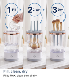 Three steps to use the brush cleaner: fill, clean, dry