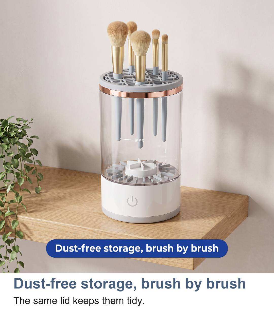 Clean brushes stored upright through the lid of the brush cleaner