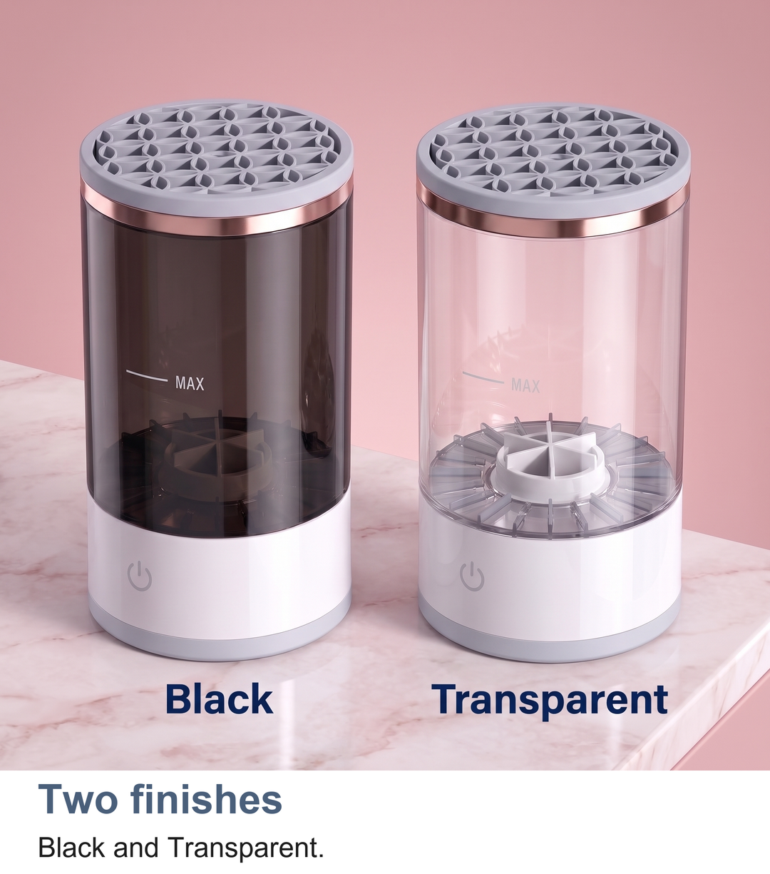 Automatic brush cleaner in Black and Transparent side by side