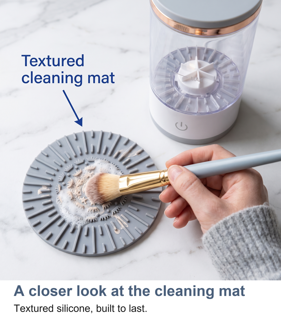 Macro of the textured cleaning mat inside the brush cleaner