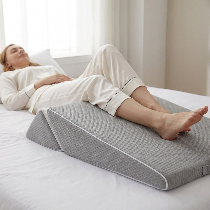 Legs resting on the wedge pillow turned over as a leg elevation pillow