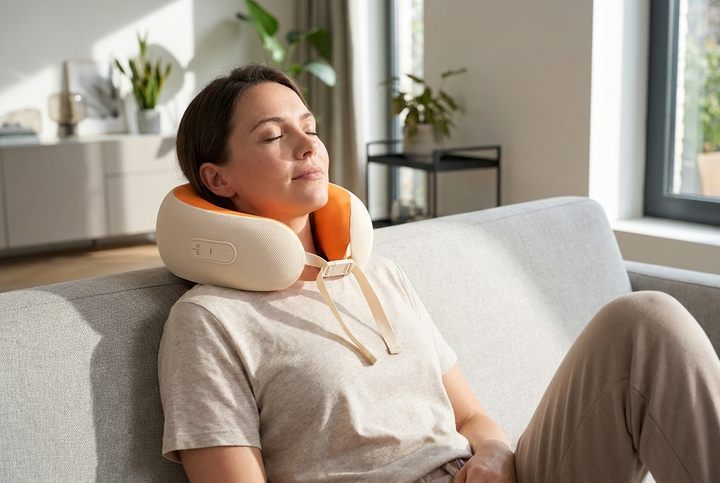 Woman wearing the U-shaped neck massager on the sofa