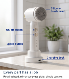 Labelled view of the facial cleansing brush showing the rotating head, mirror compress plate and controls