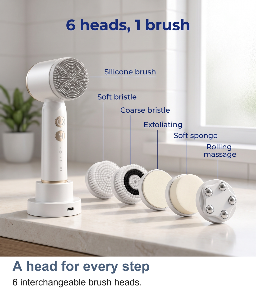 Facial cleansing brush with its six interchangeable heads arranged beside it