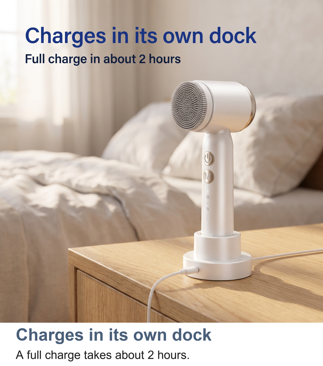 Facial cleansing brush charging upright in its round charging dock