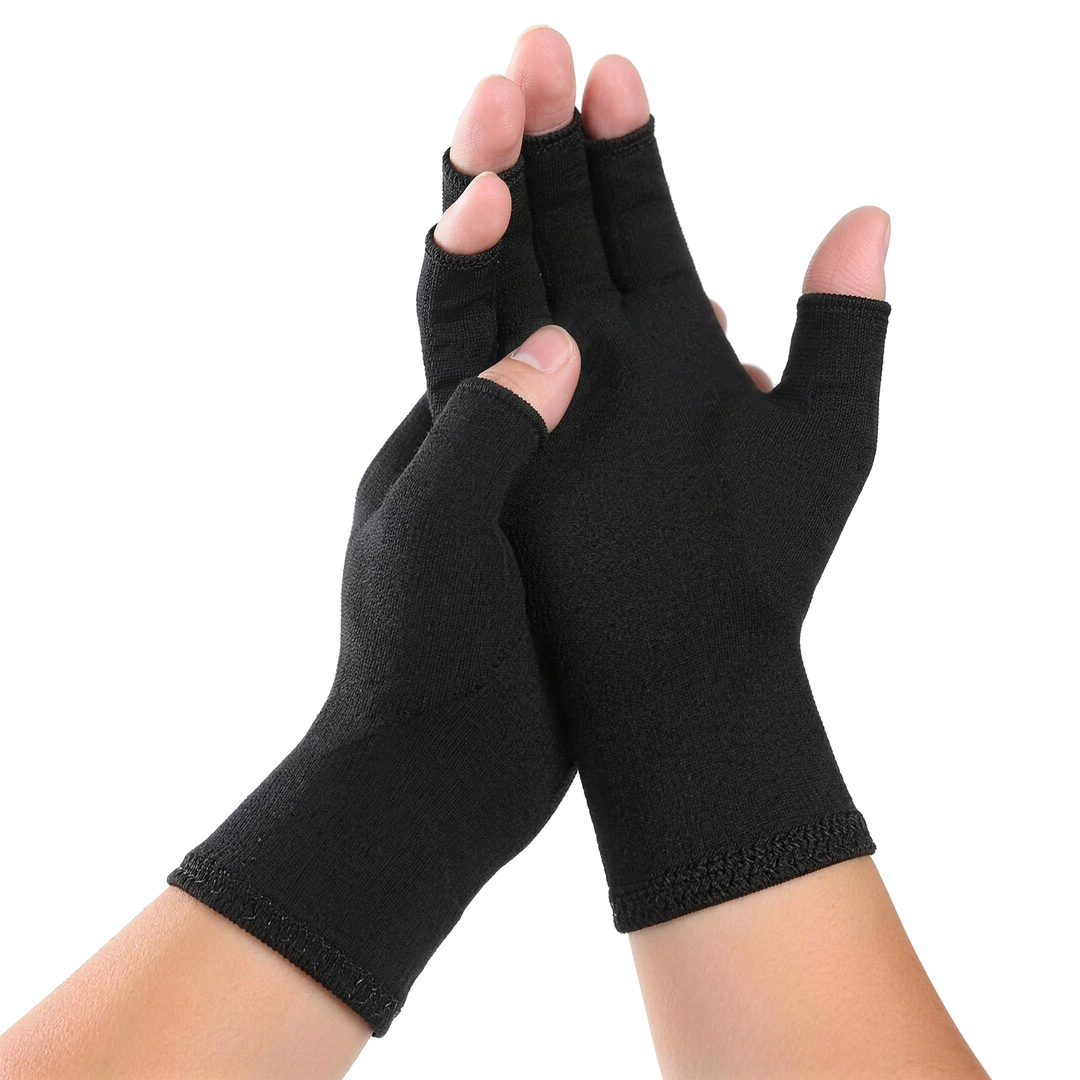 Open fingertip compression gloves in black worn on both hands